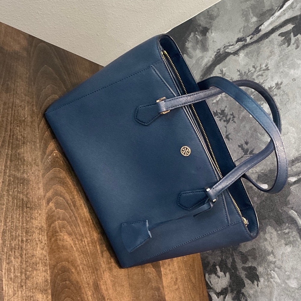 Tory Burch Deep Navy Leather Tote with Gold Logo